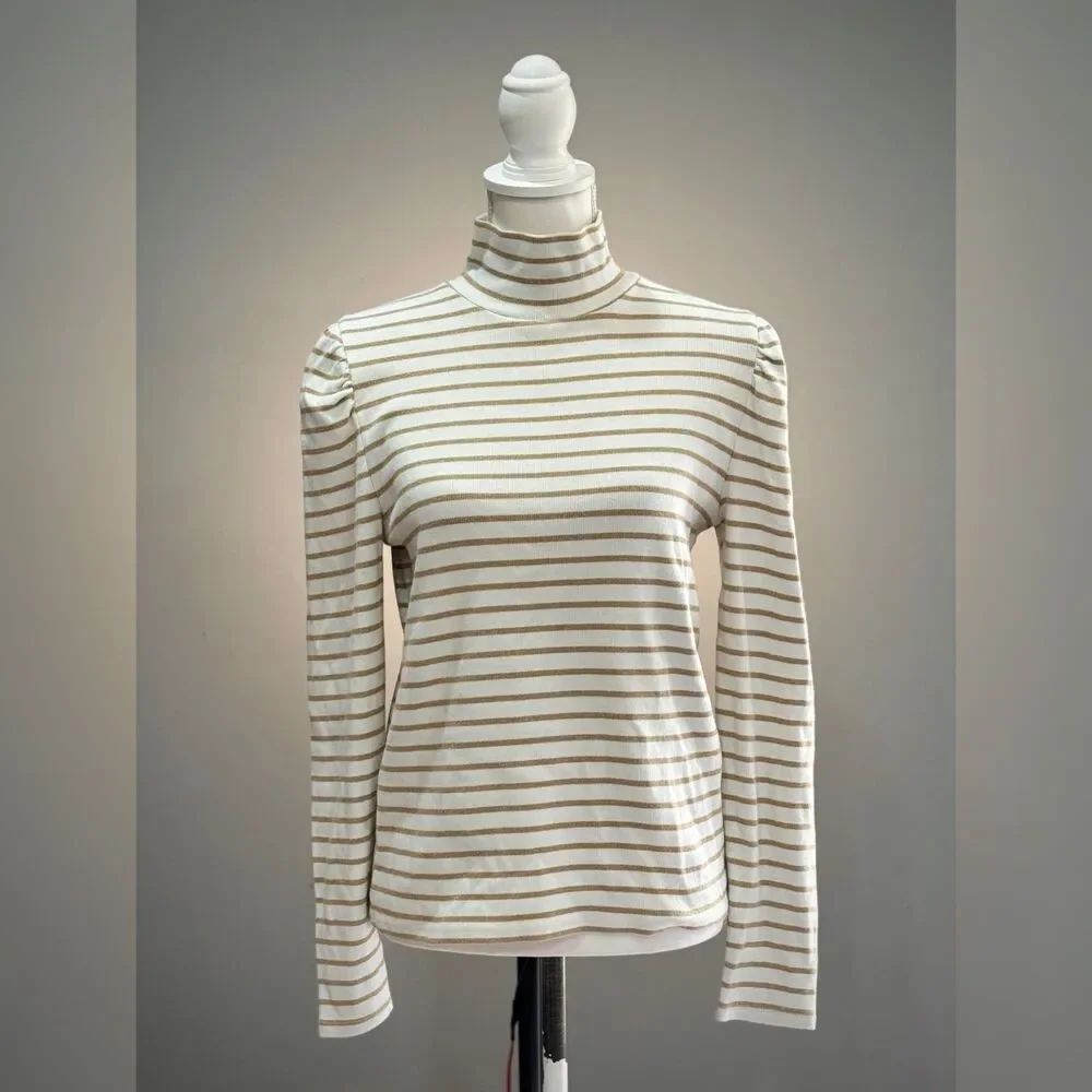 White/Tan J. Crew Puff Sleeve Ribbed Turtleneck Top Size L EUC
